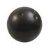 A black bowling ball-shaped stress reliever with a smooth surface and raised thumb holes. Features a logo.