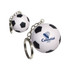 A keyring with two football-shaped stress relievers, featuring a white and black design, and a logo.
