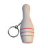 A white bowling pin-shaped stress reliever with red stripes attached to a keyring.
