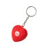 A red heart-shaped stress reliever attached to a silver keyring, featuring a small logo.