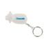 A white sheep-shaped stress reliever attached to a metal keyring, featuring a logo on its side.