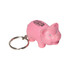 A pink pig-shaped keyring with a silver keychain attachment, featuring a logo on its side.