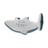 A dolphin-shaped stress reliever in white and navy, featuring a logo on its side and a keyring attachment.