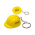 A yellow keyring featuring a helmet-shaped stress reliever and a round keychain, both with logos.