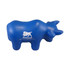 A blue bull-shaped stress reliever with a logo, designed for fun and relaxation.