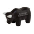A black bull-shaped stress reliever with white horns and a logo on the side.