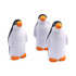 Three penguin-shaped stress relievers in black and white with orange beaks and feet, featuring a logo on one.