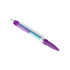 A plastic pen featuring a transparent turquoise barrel and purple accents, with a silver clip and tip.