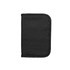 A black passport holder featuring a textured fabric finish and a logo.