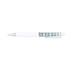A white plastic pen with a transparent barrel featuring colourful floating elements and a silver clip.