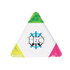A triangular highlighter pen featuring green, yellow, and pink sections, with a logo on a white background.