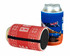 A red and white patterned can cooler alongside a blue can cooler featuring an Australian flag design. Both hold cans.