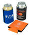 Foldable can coolers in black, blue, and orange, featuring logos and designed for beverage cans.