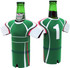 A drink bottle cooler designed like a green soccer jersey with pink accents, featuring a small number on the front.