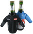 A drink bottle cooler in the shape of a long sleeve jacket, featuring black and blue designs with a logo.