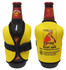 A drink bottle holder in bright yellow neoprene with a black strap and a logo featuring safety messaging on the side.