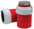 A red can cooler with white fur trim, resembling a Santa Claus outfit, featuring a can inside. It includes a logo.