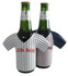 A drink bottle cooler designed like a baseball jersey, featuring blue and white striped patterns with a logo.