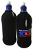 A drink bottle cooler in black with a carabiner, featuring a zip closure and a logo on the front.