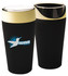 A pint glass holder in black with a gold top section and a logo on one side.