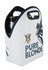 A white 6-pack bag with navy detailing and handles, featuring a branding logo. Contains drinks inside.