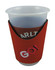 A drink bottle cooler in red, featuring a logo, designed to fit a cup securely.