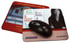 A rectangular mouse pad featuring a red and white design with a black computer mouse on top. It includes a logo.