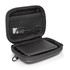 A black power bank is neatly enclosed in a zippered case with a mesh pocket and cables inside.