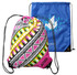A drawstring backpack in pink, black, and green geometric patterns, alongside a solid blue bag featuring a logo.