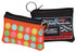 Two rectangular coin bags in bright orange and black, featuring a polka dot design and a logo. Each has a keyring attached.
