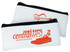 A small white pencil case with black zippers features an orange logo and design elements.