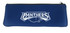 A large blue pencil case featuring a logo, zip closure, and a smooth exterior surface.