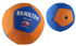 A large soccer ball featuring a blue and orange design, with a logo on the surface.