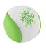 A green and white promotional ball featuring a logo and a textured surface.
