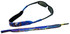 A black pair of sunglasses with a blue and multicoloured sunglass strap featuring a scenic design and a logo.