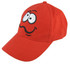 A red cotton cap featuring a playful face design and a logo on the front.