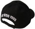 A black cap with an indented peak and an adjustable strap at the back, featuring white embroidered text.