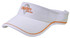 A white sports visor with orange detailing and a logo on the front.