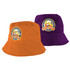 Two bucket hats in orange and purple, each featuring a logo on the front.