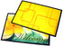 A large table mat featuring a vibrant yellow design on one side and a floral green "Welcome" design on the other.