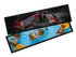 A bar runner featuring a racing car design and images of beer bottles with slices of orange, set against a blue background.