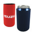 A drink bottle stubby holder in red and navy, featuring a logo, designed to keep beverages cool.