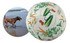 A textured pet ball in cream, featuring green and orange patterns, with a logo on one side.