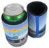 A drink can cooler in blue with a promotional design, accommodating a standard can. It includes a secure band for closure.