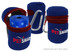 A blue pet waste bag holder with a zippered compartment and a metal carabiner. It features a logo.