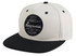 A flat peak cap with a cream-coloured crown and a black peak, featuring a logo on the front.