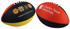A large football featuring red, black, and yellow panels, with logos and decorative prints.