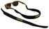 A pair of sunglasses with a black floatable strap, featuring a logo in yellow, displayed on a white background.