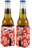 A drink bottle cooler in red with white floral patterns, featuring a logo and opening for easy access.