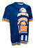 A blue unisex crew neck T-shirt featuring orange accents and a logo, with a graphic design on the front.